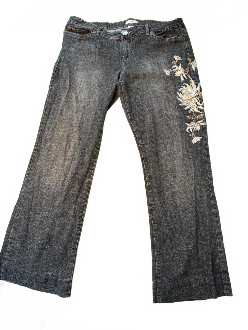 Y2K Metro 7 Jeans Womens 16 Black Floral Embroidered Flare